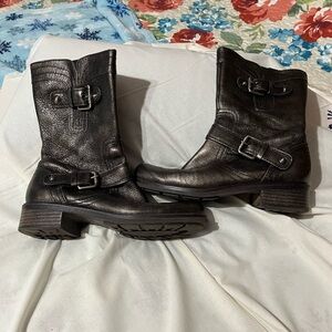 Guess Gray Leather Mid-Calf Buckle Heeled Boots